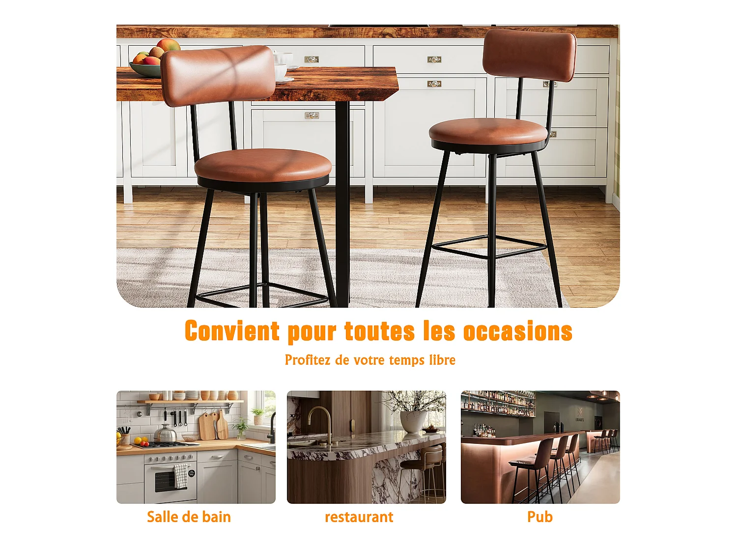 2 Chaises de Bar Modernes avec Dossier, Simili Cuir Marron, Structure Métal, 65cm Hauteur d'Assise