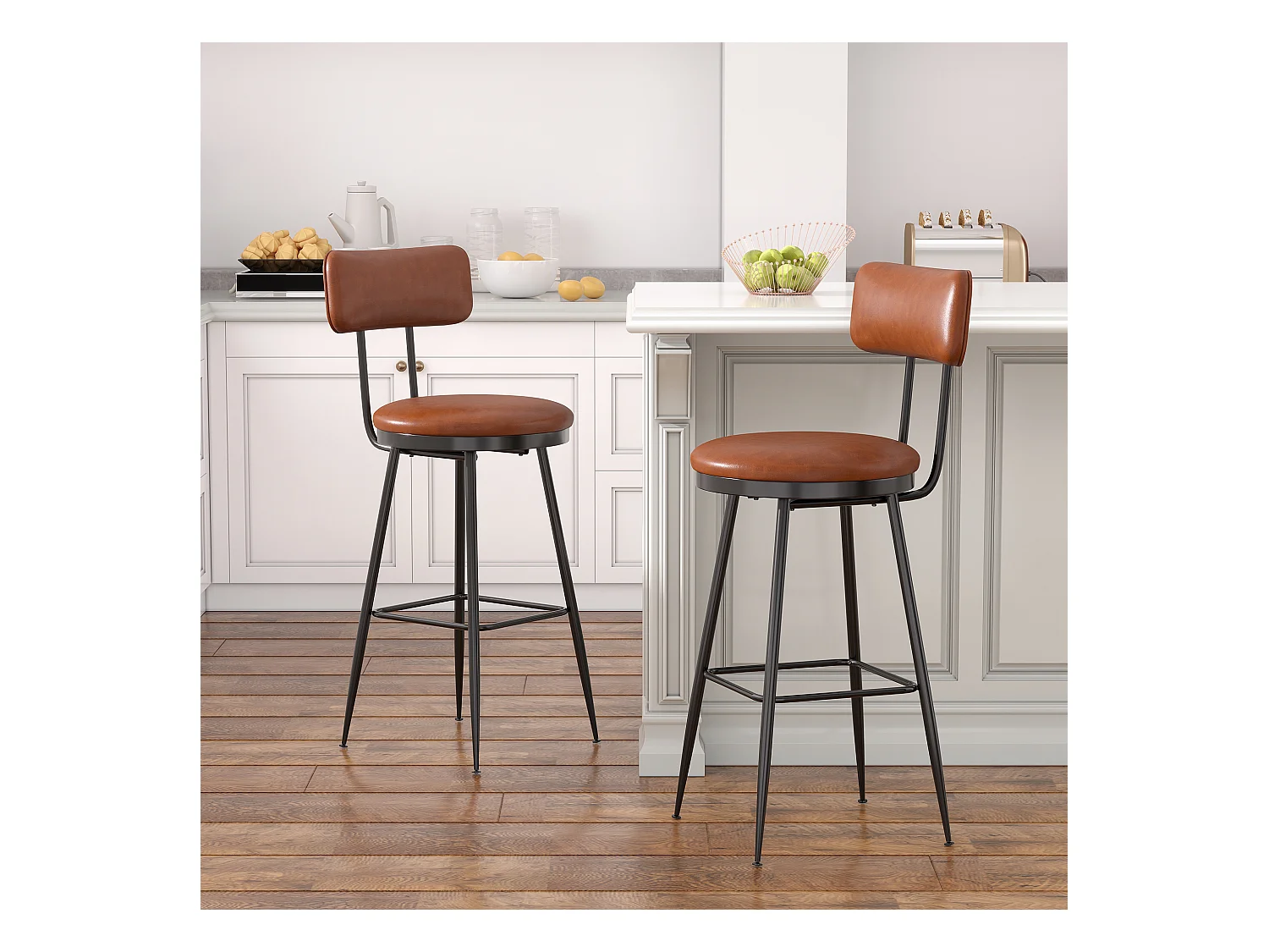 2 Chaises de Bar Modernes avec Dossier, Simili Cuir Marron, Structure Métal, 65cm Hauteur d'Assise