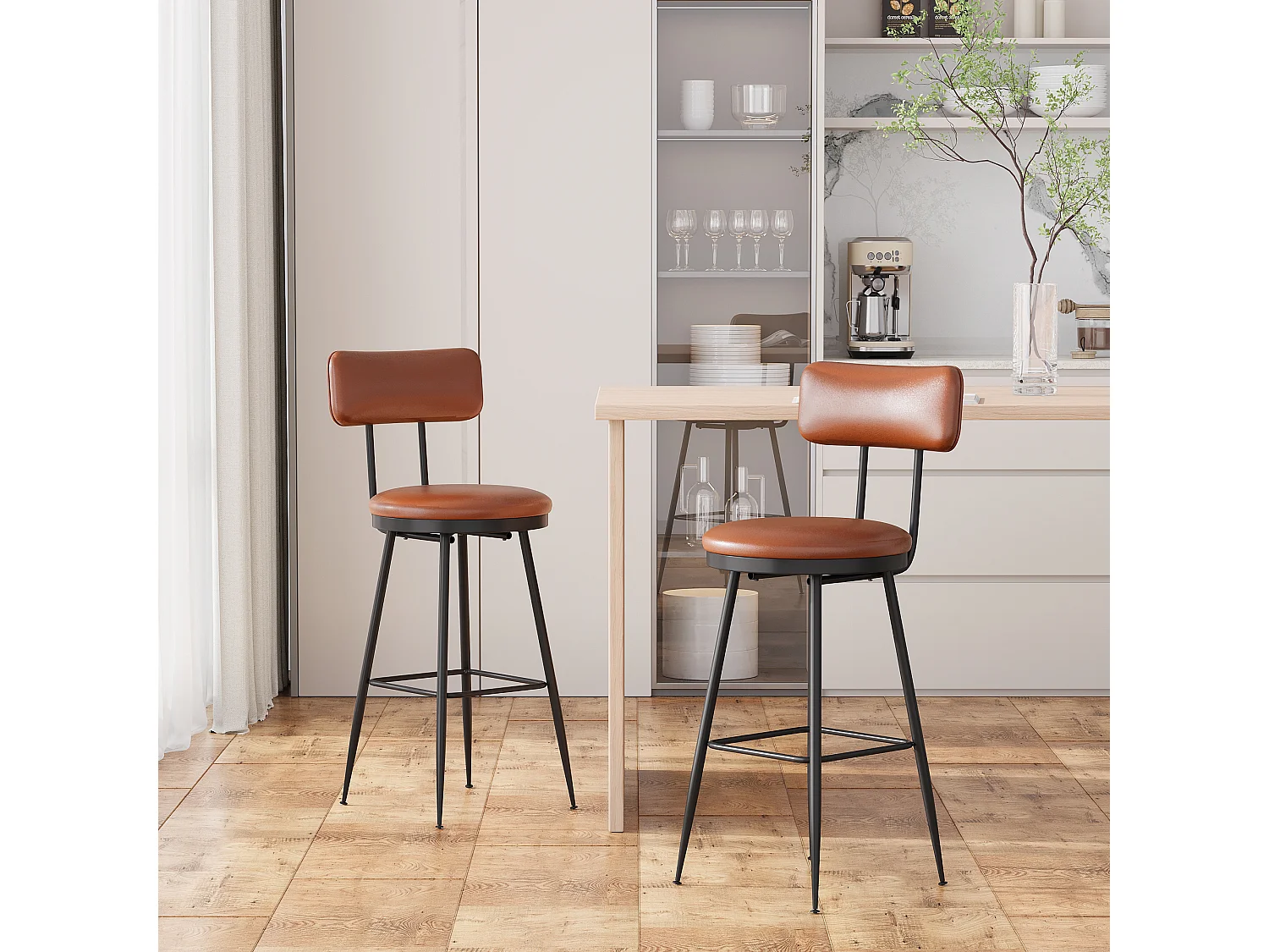 2 Chaises de Bar Modernes avec Dossier, Simili Cuir Marron, Structure Métal, 65cm Hauteur d'Assise
