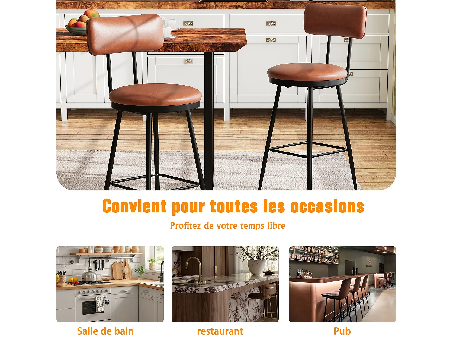 2 Chaises de Bar Modernes avec Dossier, Simili Cuir Marron, Structure Métal, 65cm Hauteur d'Assise