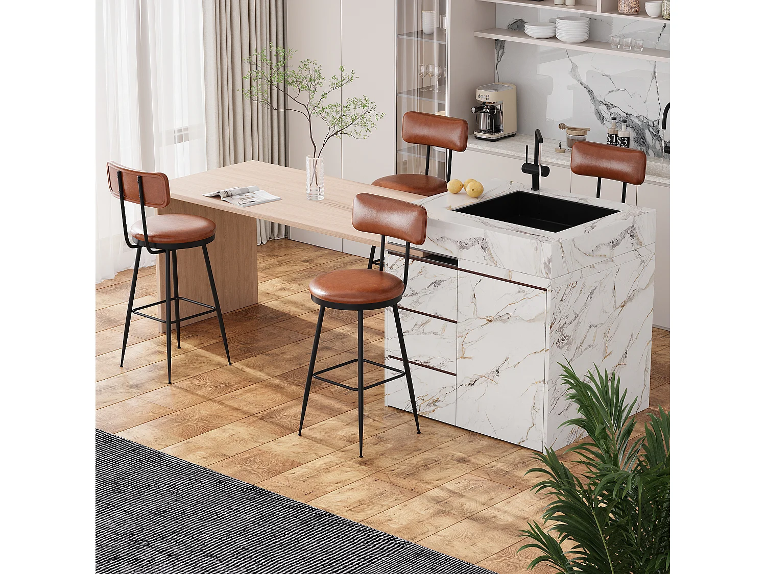 2 Chaises de Bar Modernes avec Dossier, Simili Cuir Marron, Structure Métal, 65cm Hauteur d'Assise