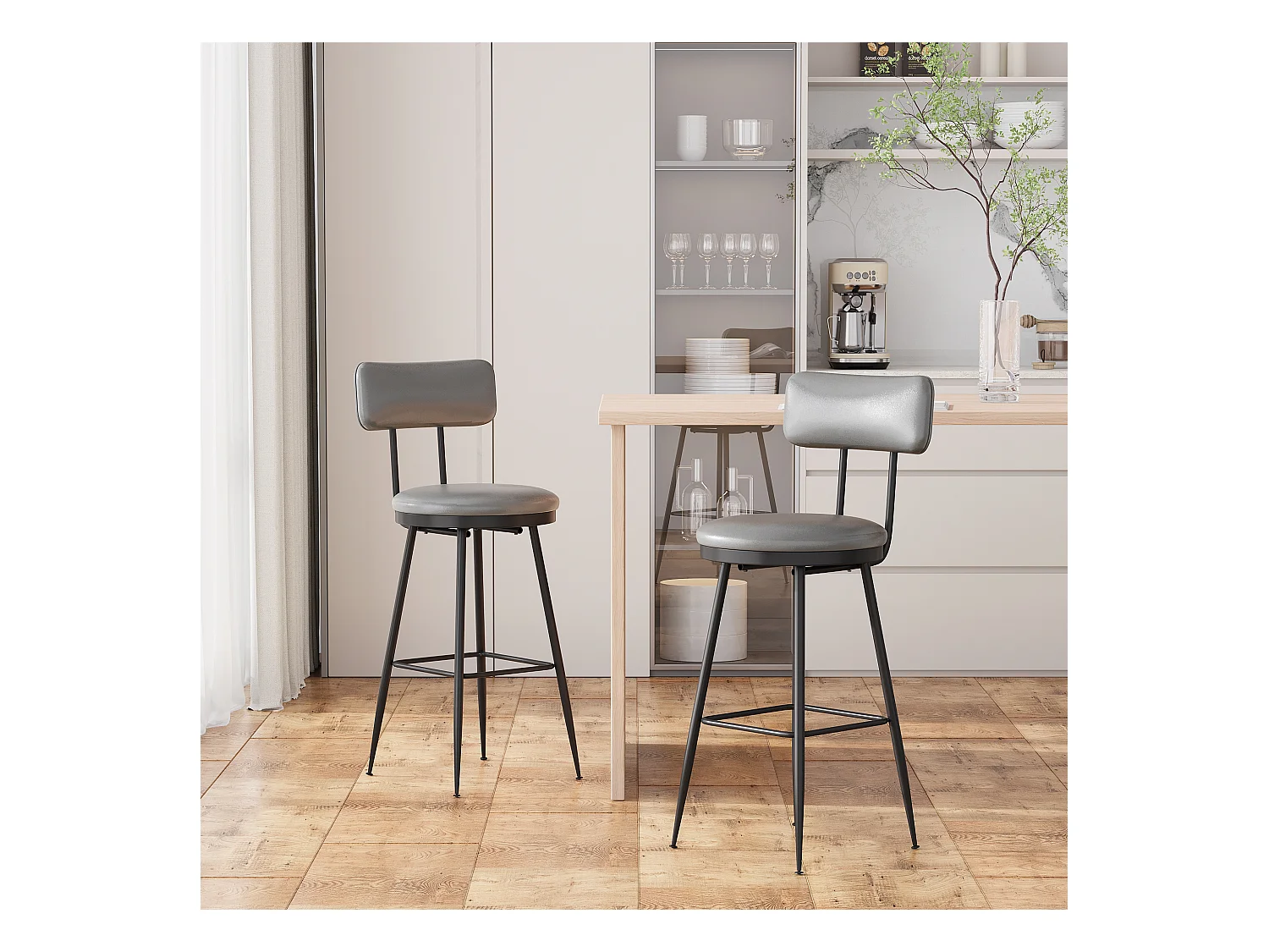 2 Chaises de Bar Grises avec Dossier, Style Industriel, 65cm Hauteur d'Assise, Simili Cuir
