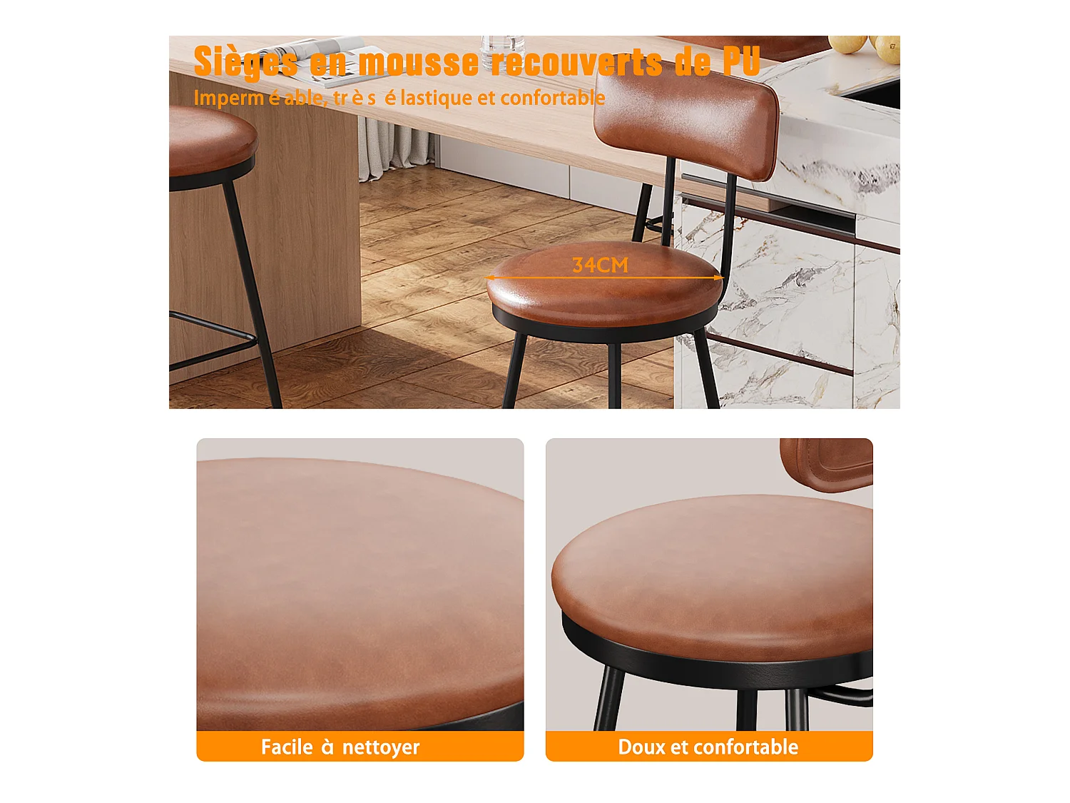 Lot de 4 Chaises de Bar avec Dossier, Simili Cuir Marron, 65cm Hauteur d'Assise