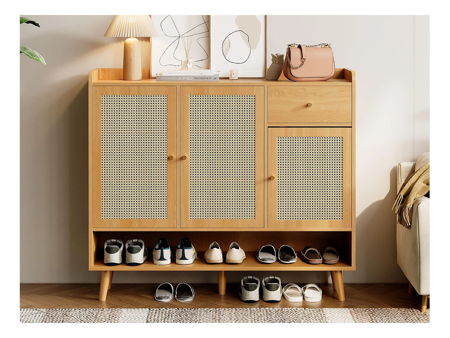 Szafa na buty z naturalnego rattanu 120×35×106 cm - z 3 drzwiami i 1 szufladą - płyta wiórowa - naturalny