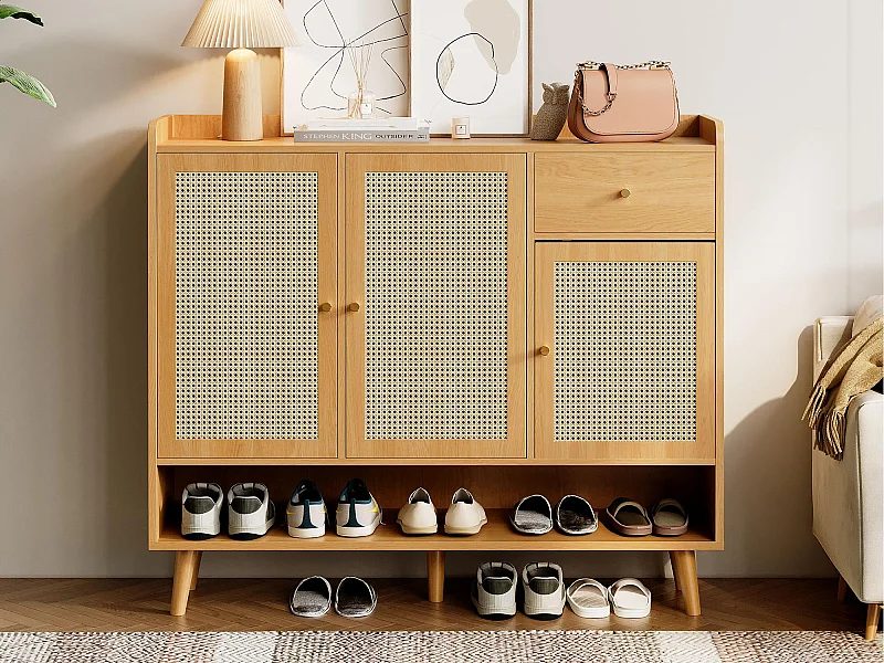 Szafa na buty z naturalnego rattanu 120×35×106 cm - z 3 drzwiami i 1 szufladą - płyta wiórowa - naturalny