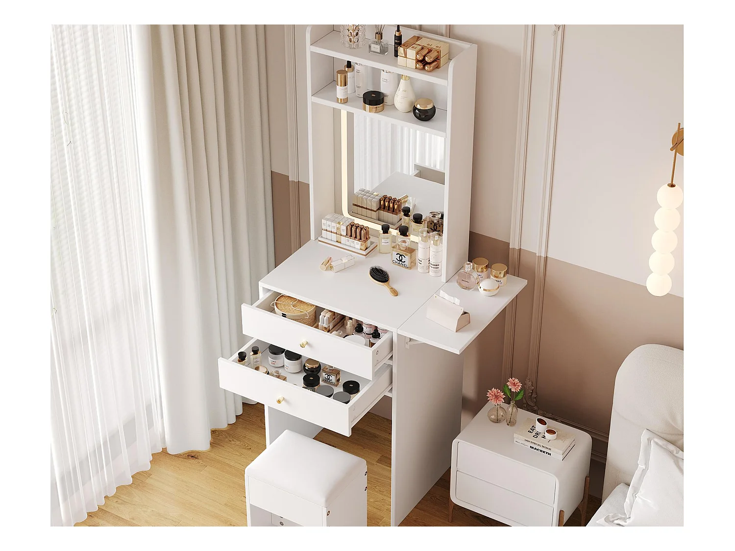 Coiffeuse avec miroir 75×45×156cm - avec LED réglable - avec 1 tabouret - avec 2 tiroirs - plateau de coiffeuse pliable - Blanc