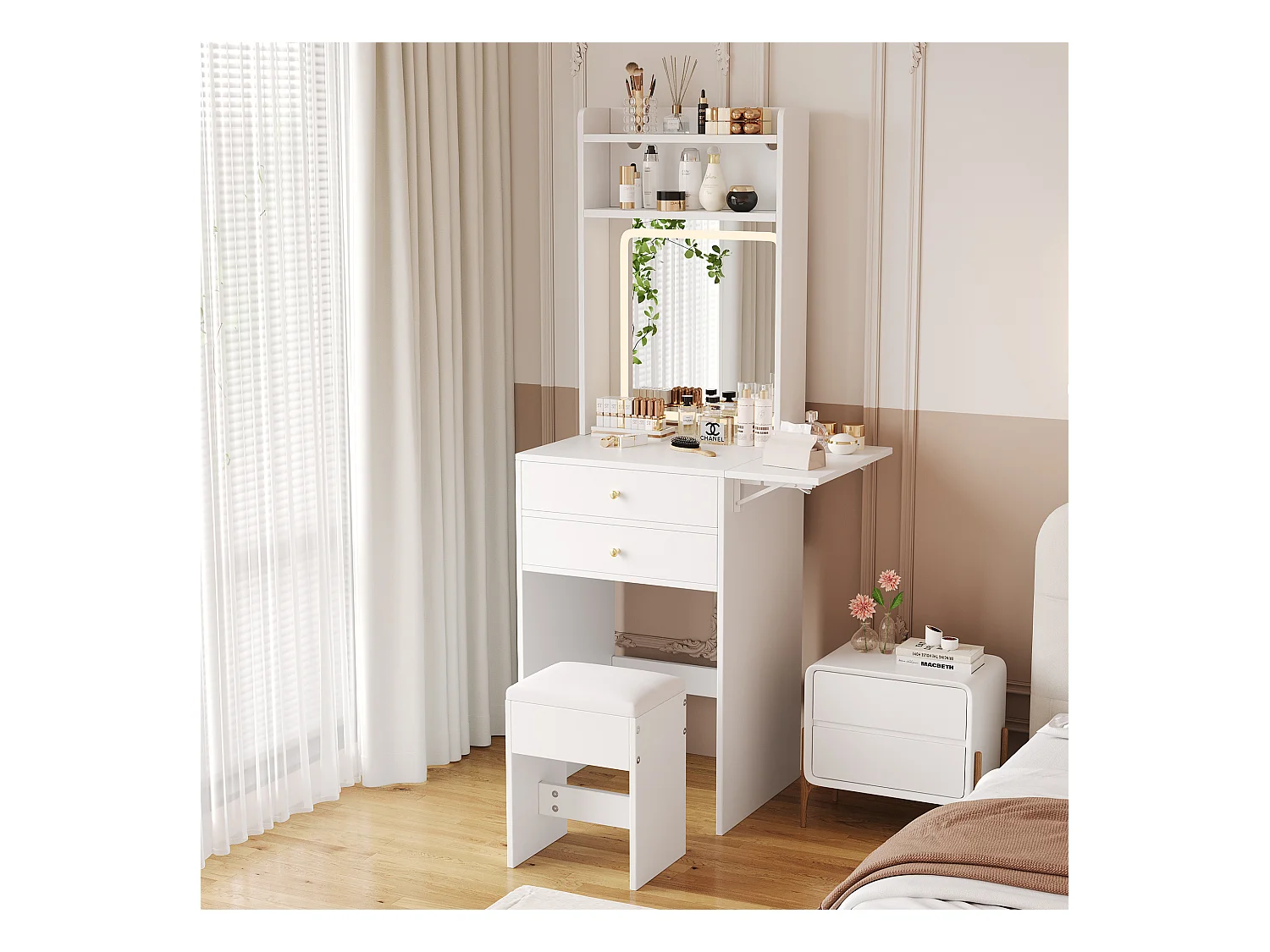 Coiffeuse avec miroir 75×45×156cm - avec LED réglable - avec 1 tabouret - avec 2 tiroirs - plateau de coiffeuse pliable - Blanc