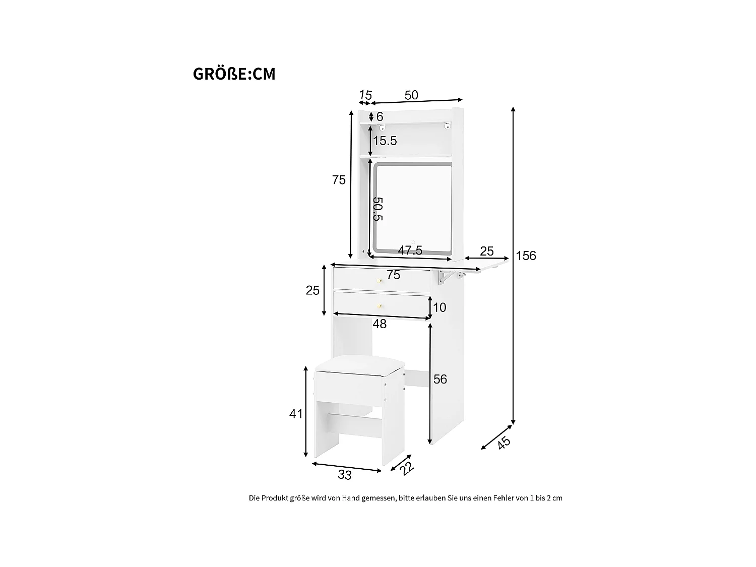 Coiffeuse avec miroir 75×45×156cm - avec LED réglable - avec 1 tabouret - avec 2 tiroirs - plateau de coiffeuse pliable - Blanc