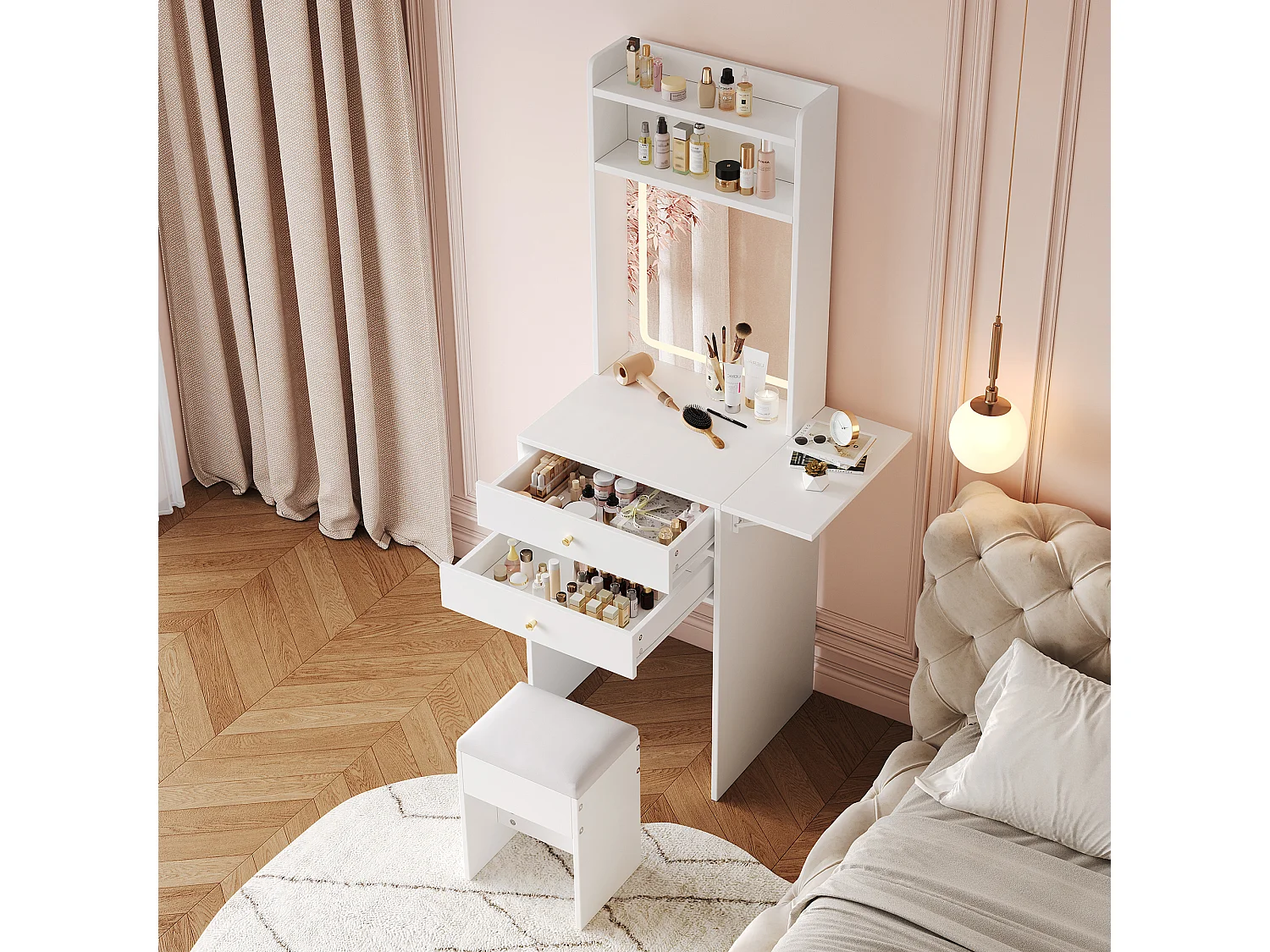 Schminktisch mit Spiegel 75×45×156cm - mit verstellbarer LED-Beleuchtung - mit 1 Hocker - mit 2 Schubladen - klappbare Schminkplatte - Weiß