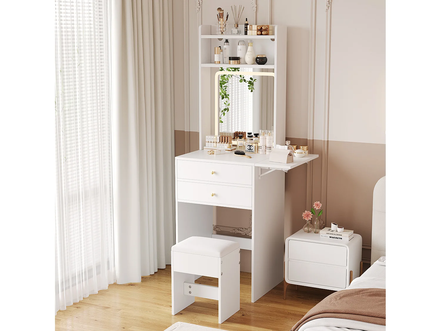 Schminktisch mit Spiegel 75×45×156cm - mit verstellbarer LED-Beleuchtung - mit 1 Hocker - mit 2 Schubladen - klappbare Schminkplatte - Weiß