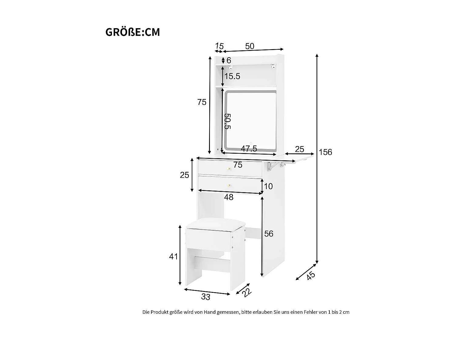 Schminktisch mit Spiegel 75×45×156cm - mit verstellbarer LED-Beleuchtung - mit 1 Hocker - mit 2 Schubladen - klappbare Schminkplatte - Weiß