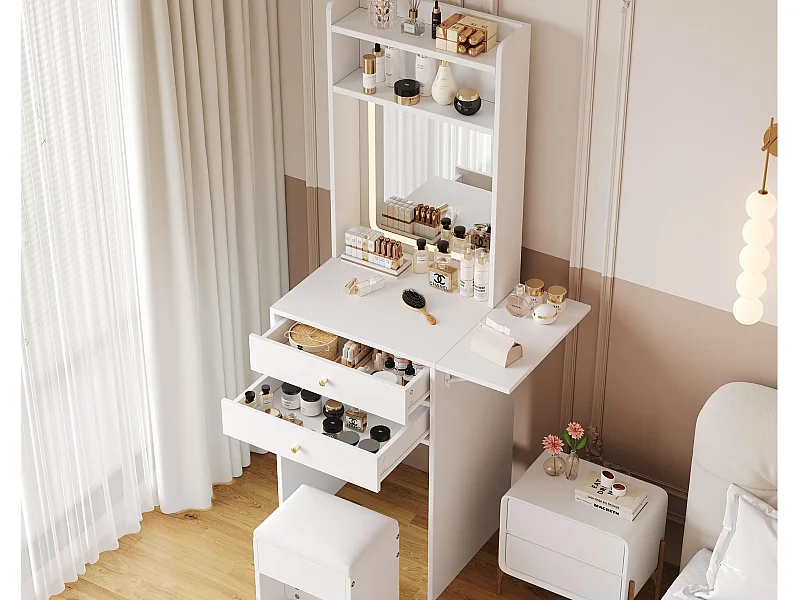 Coiffeuse avec miroir 75×45×156cm - avec LED réglable - avec 1 tabouret - avec 2 tiroirs - plateau de coiffeuse pliable - Blanc