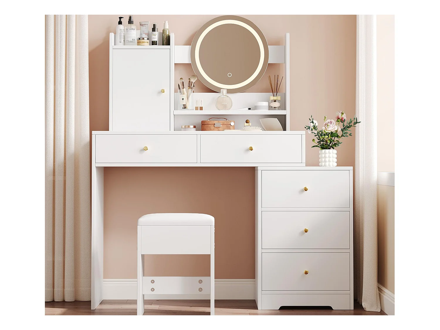 Coiffeuse avec miroir 132x40x90cm - avec LED réglable - avec 1 tabouret - avec prise - avec 5 tiroirs et 1 porte - Blanc