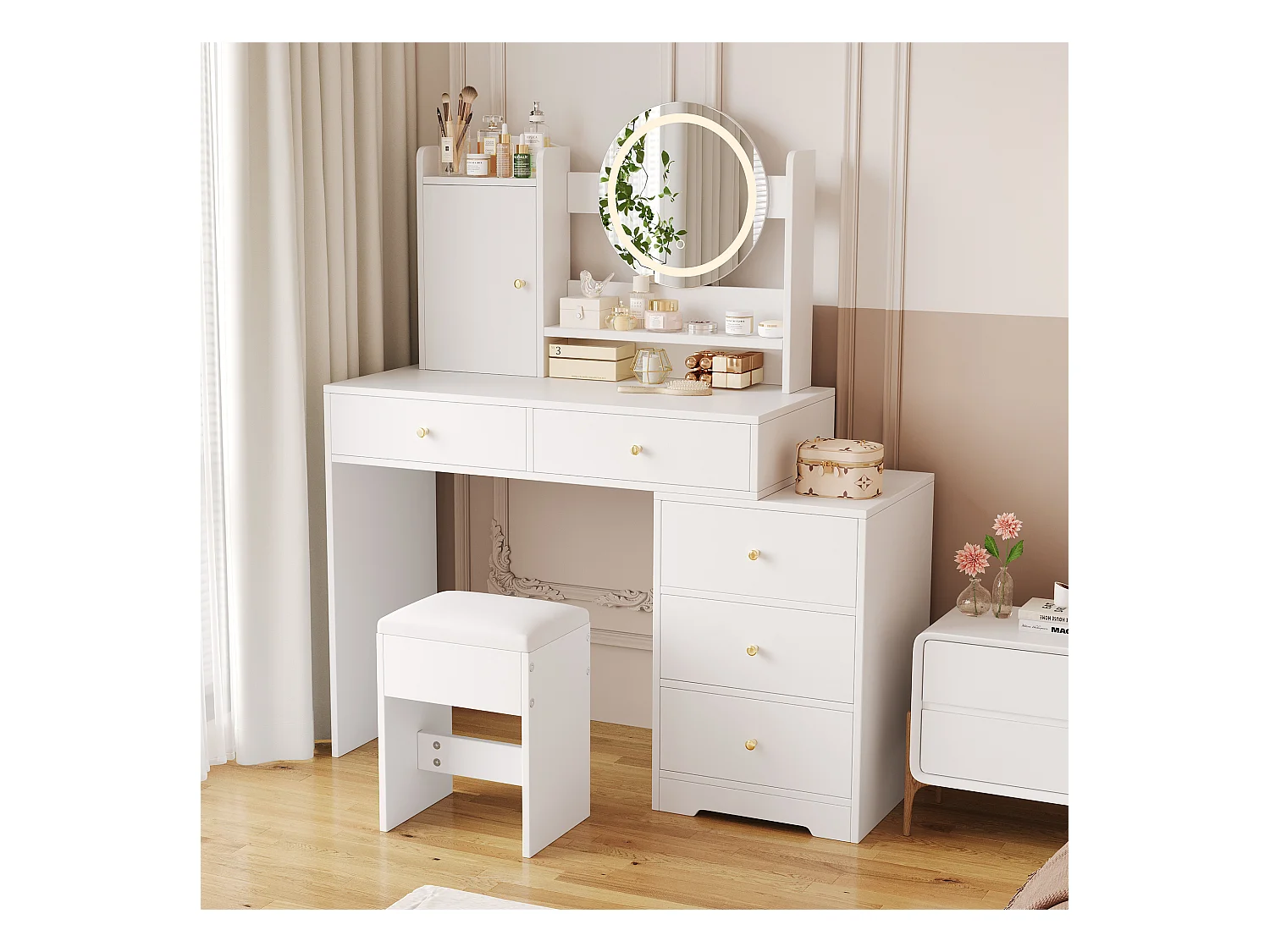 Coiffeuse avec miroir 132x40x90cm - avec LED réglable - avec 1 tabouret - avec prise - avec 5 tiroirs et 1 porte - Blanc