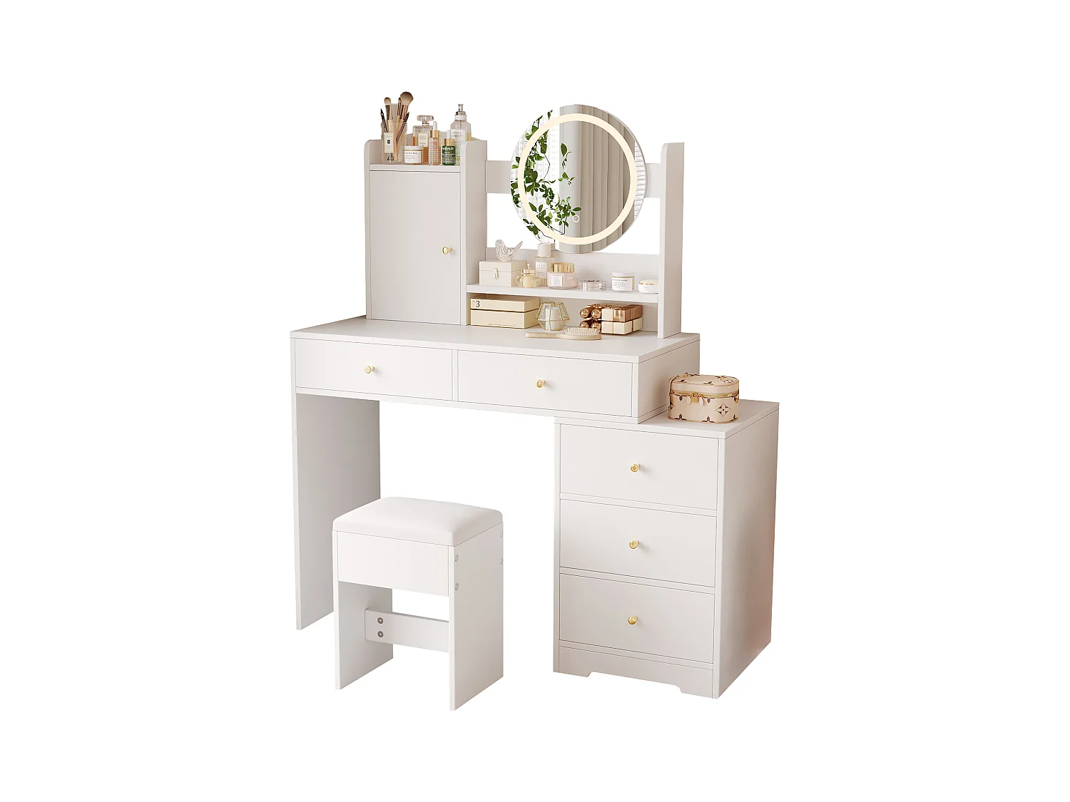 Coiffeuse avec miroir 132x40x90cm - avec LED réglable - avec 1 tabouret - avec prise - avec 5 tiroirs et 1 porte - Blanc