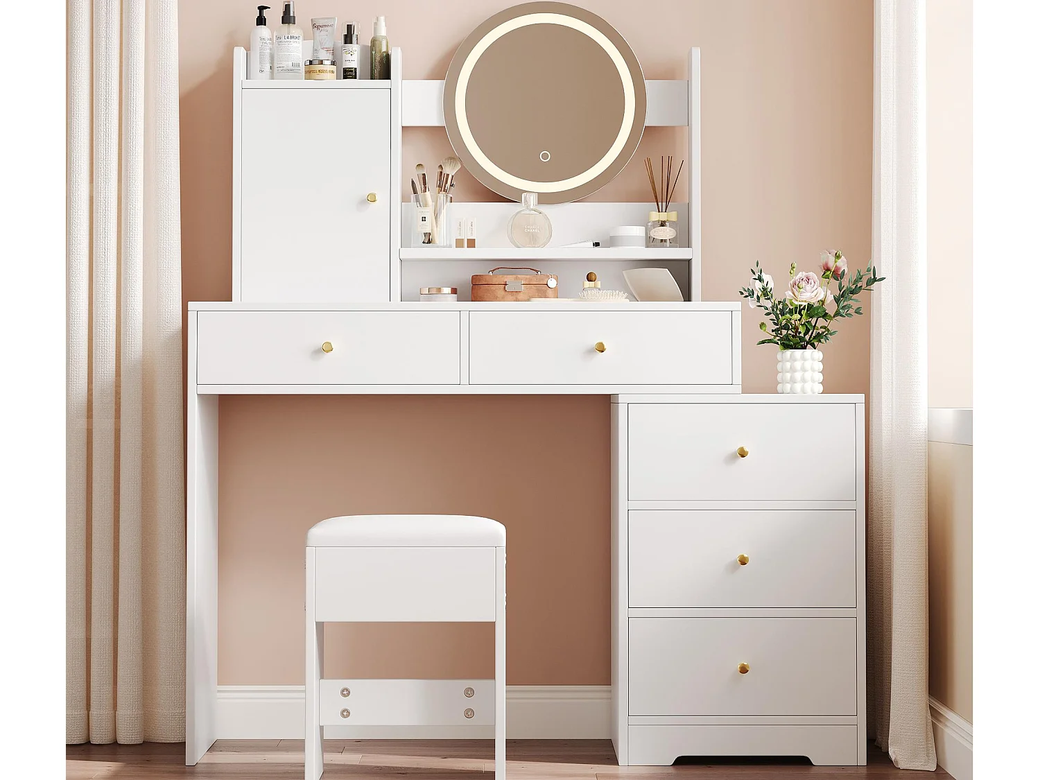 Penteadeira com espelho 132x40x90cm - com LED ajustável - com 1 banqueta - com tomada elétrica - com 5 gavetas e 1 porta - Branco