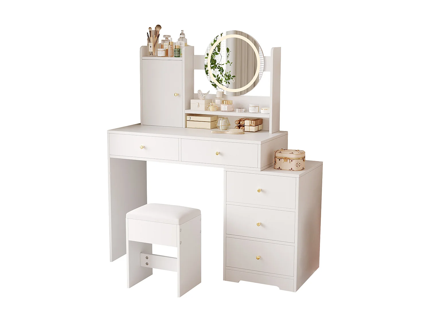 Penteadeira com espelho 132x40x90cm - com LED ajustável - com 1 banqueta - com tomada elétrica - com 5 gavetas e 1 porta - Branco