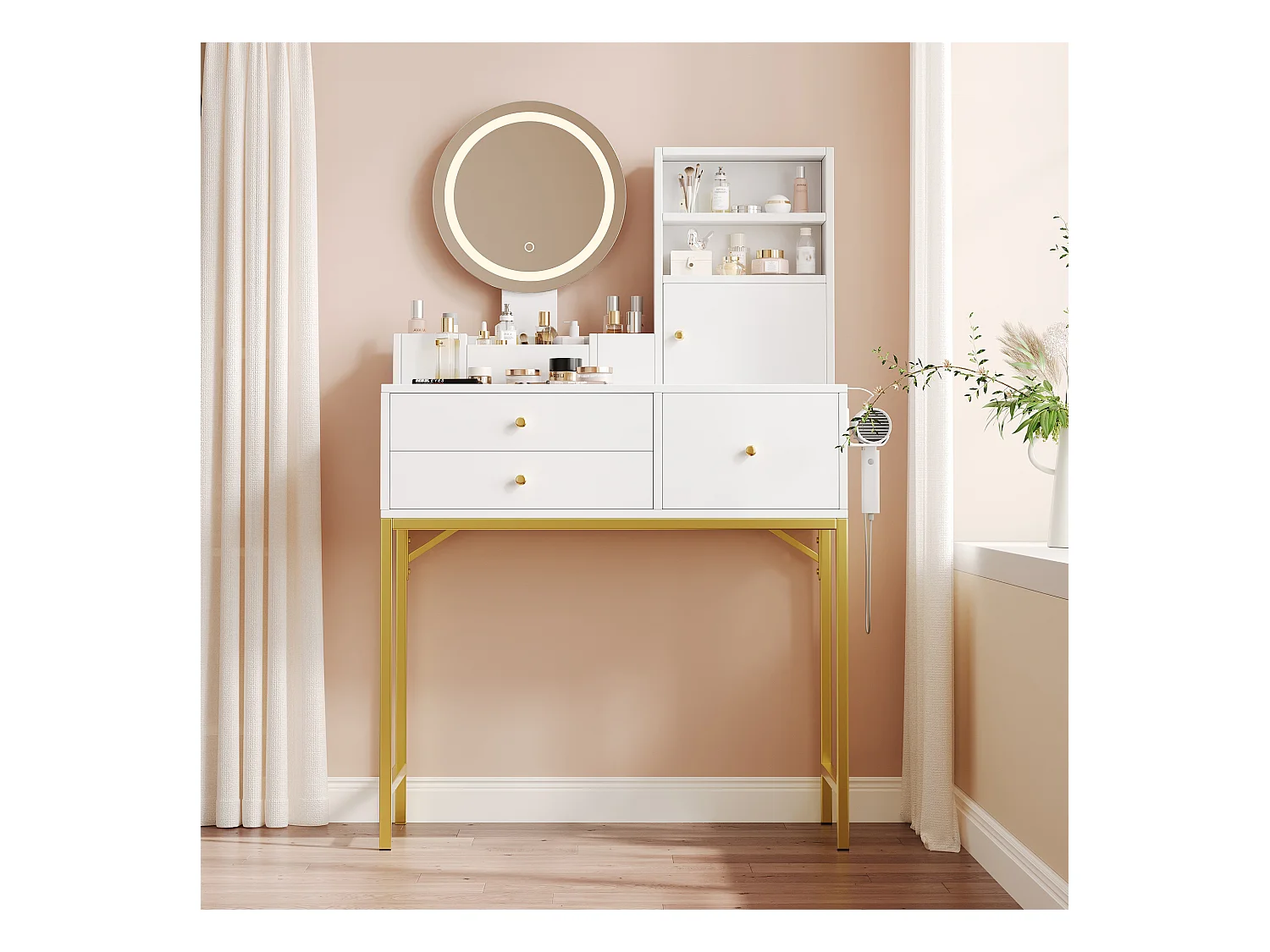 Coiffeuse avec miroir 134×40×80cm - avec LED réglable - avec 3 tiroirs et 1 porte - avec étagères ouvertes - Blanc