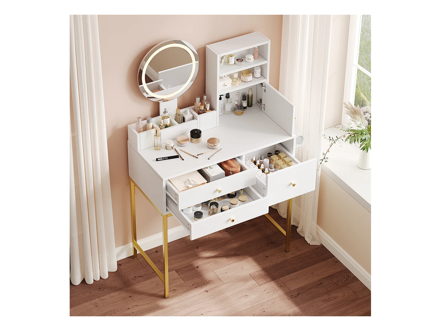 Coiffeuse avec miroir 134×40×80cm - avec LED réglable - avec 3 tiroirs et 1 porte - avec étagères ouvertes - Blanc