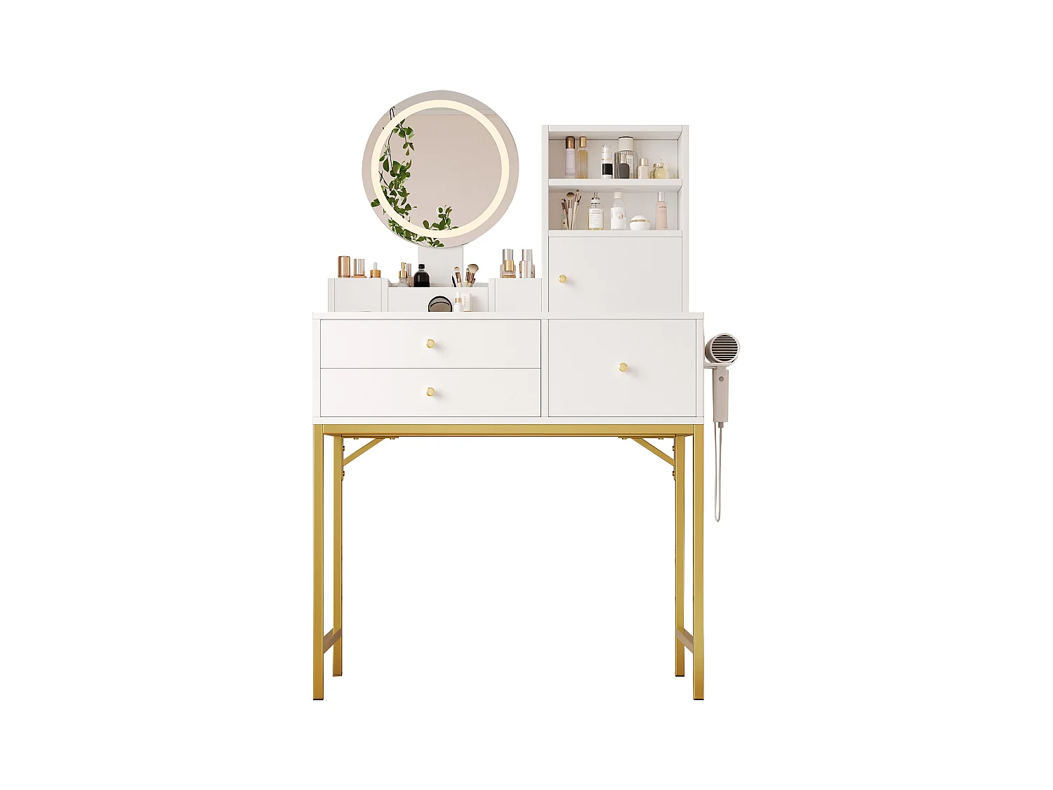 Coiffeuse avec miroir 134×40×80cm - avec LED réglable - avec 3 tiroirs et 1 porte - avec étagères ouvertes - Blanc