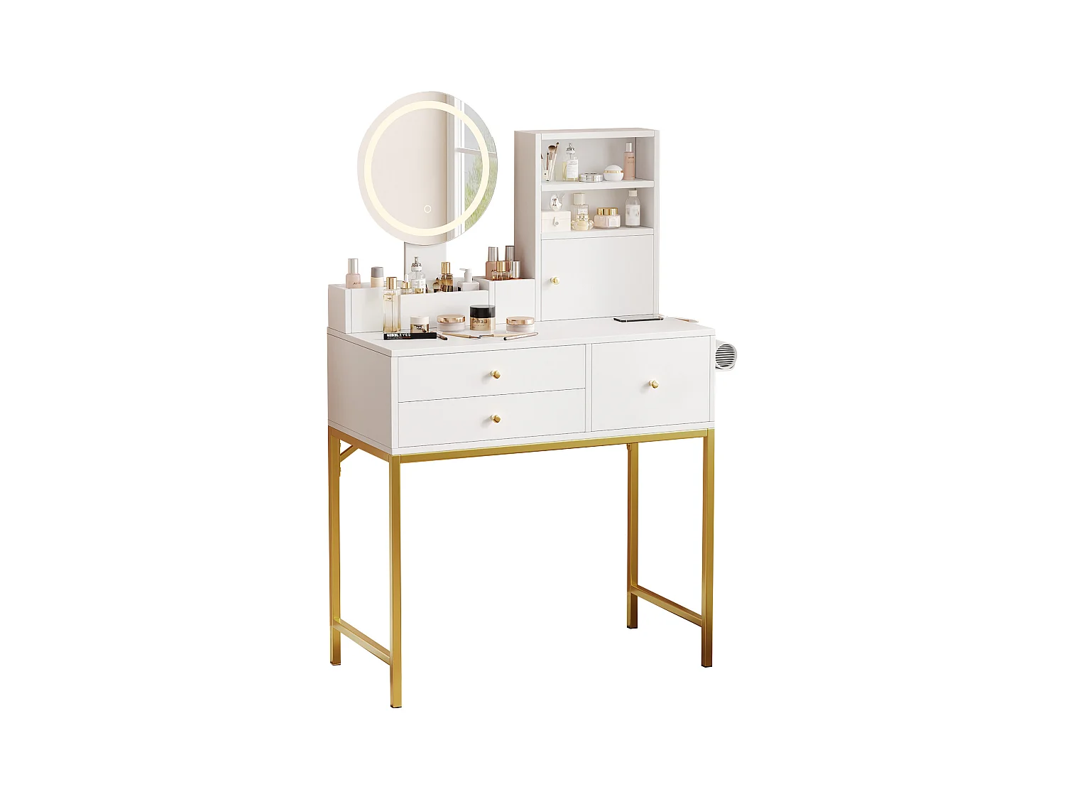 Coiffeuse avec miroir 134×40×80cm - avec LED réglable - avec 3 tiroirs et 1 porte - avec étagères ouvertes - Blanc