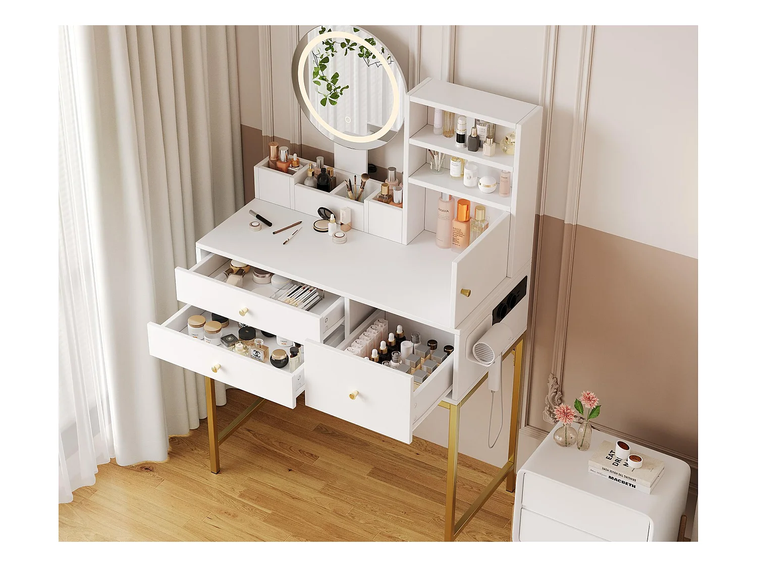 Schminktisch mit Spiegel 134×40×80cm - mit verstellbarer LED-Beleuchtung - mit 3 Schubladen und 1 Tür - mit offenen Regalen - Weiß