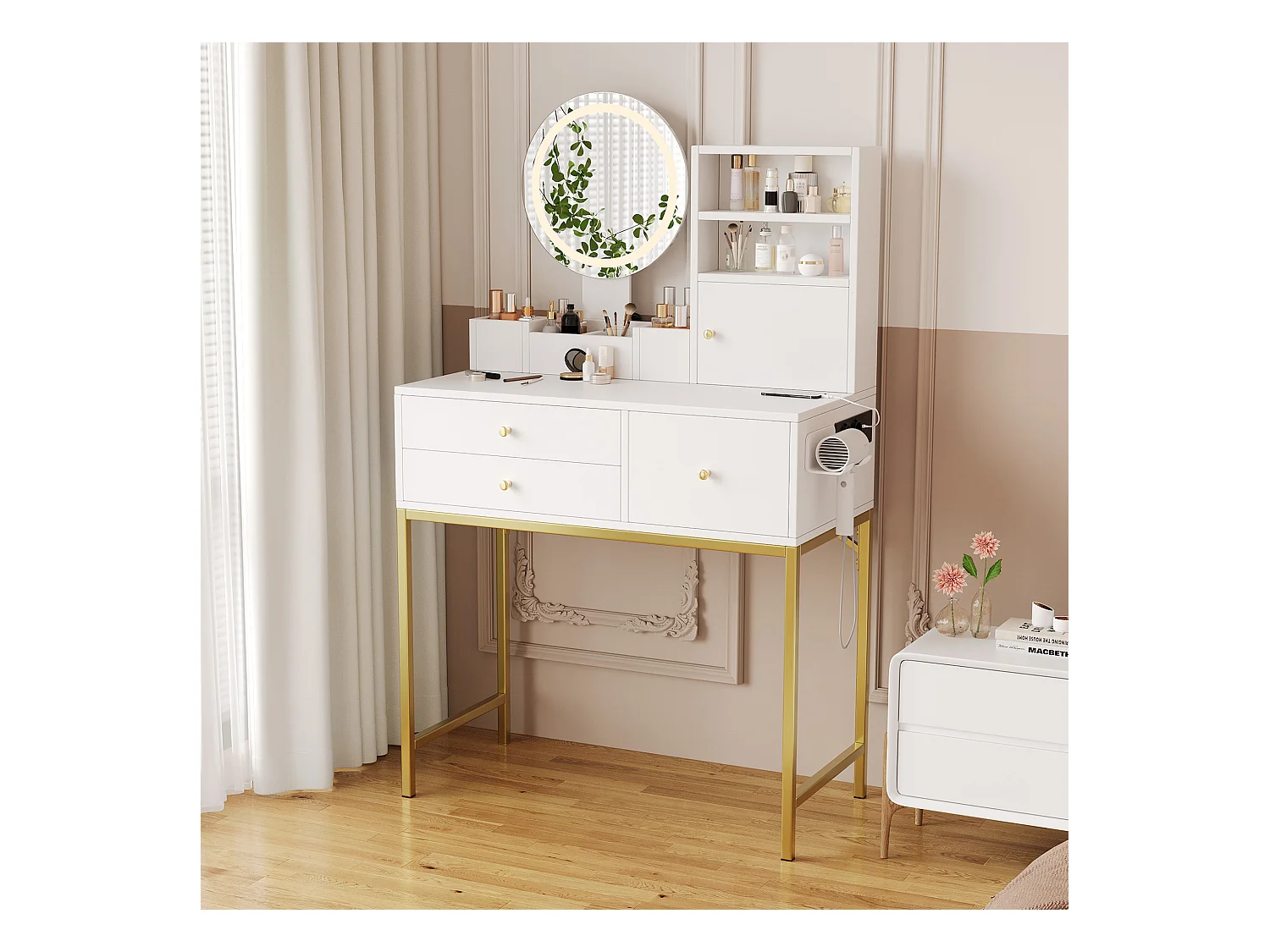 Coiffeuse avec miroir 134×40×80cm - avec LED réglable - avec 3 tiroirs et 1 porte - avec étagères ouvertes - Blanc