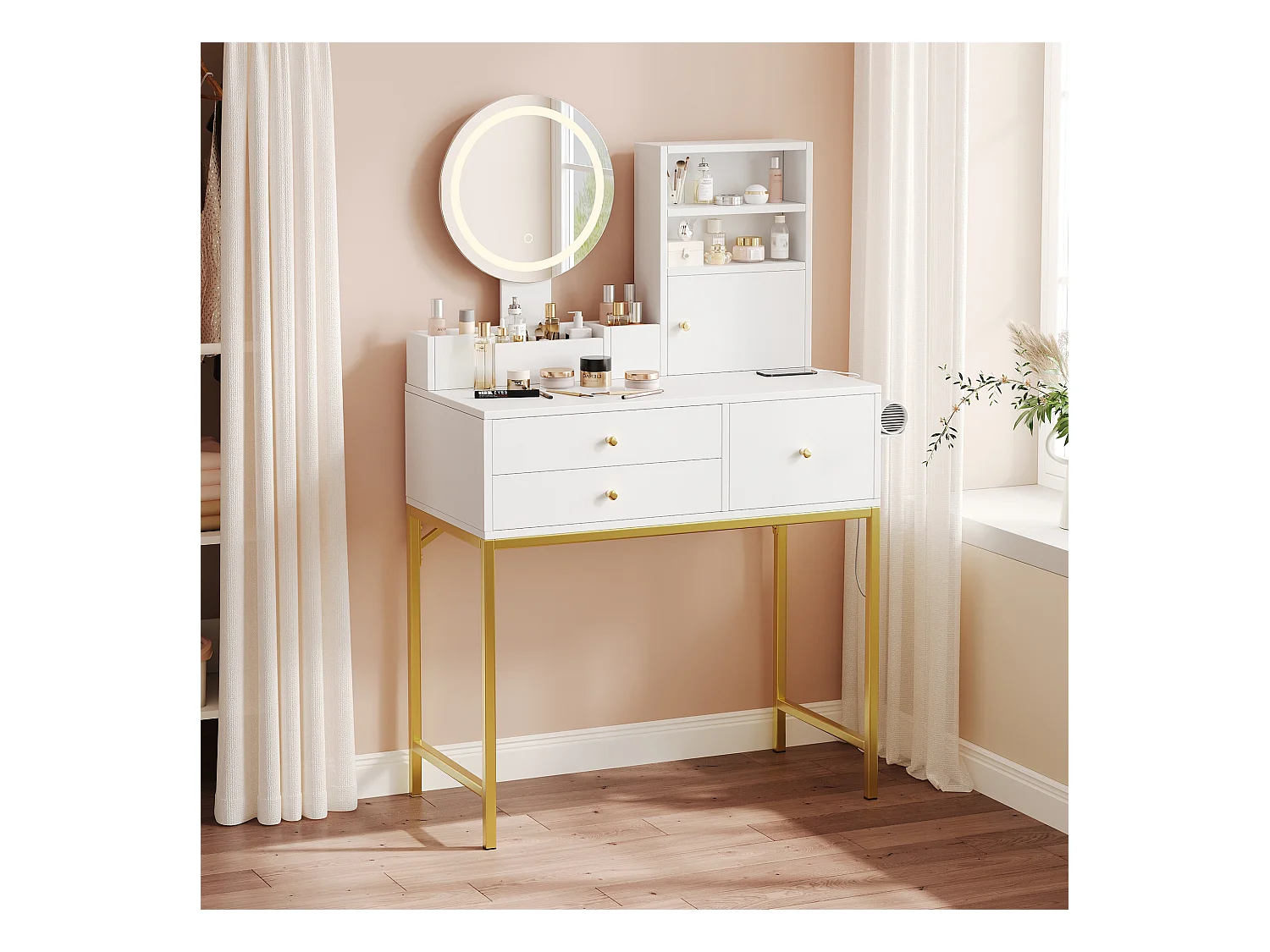 Coiffeuse avec miroir 134×40×80cm - avec LED réglable - avec 3 tiroirs et 1 porte - avec étagères ouvertes - Blanc
