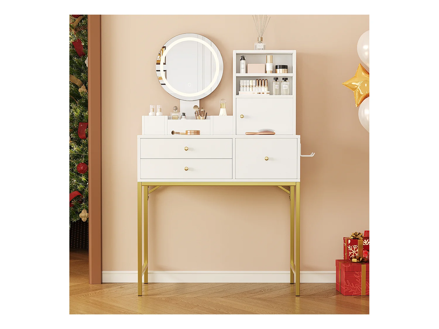 Coiffeuse avec miroir 134×40×80cm - avec LED réglable - avec 3 tiroirs et 1 porte - avec étagères ouvertes - Blanc