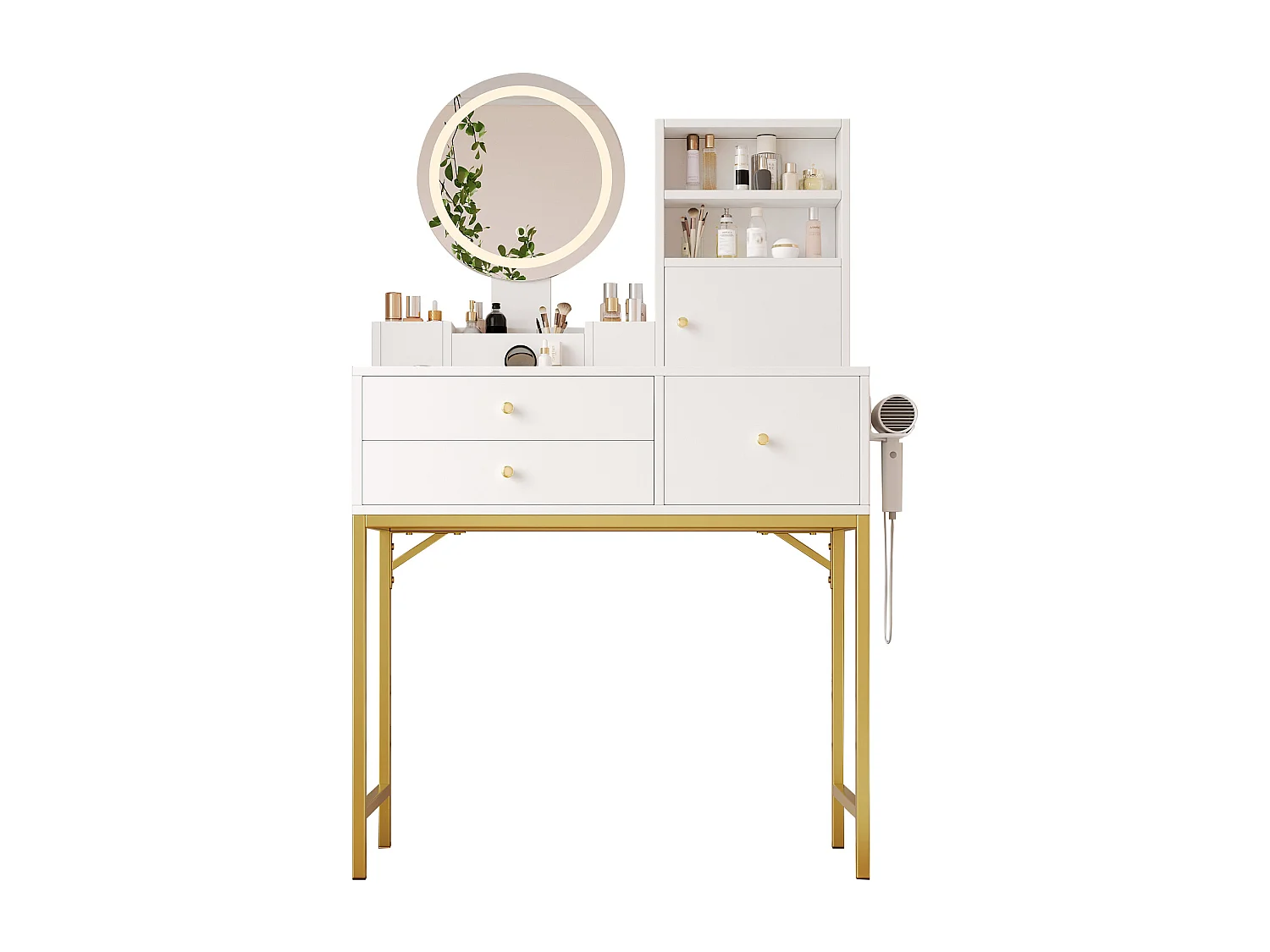 Toaletka z lustrem 134×40×80cm - z regulowanym oświetleniem LED - z 3 szufladami i 1 drzwiami - z otwartymi półkami - Biały