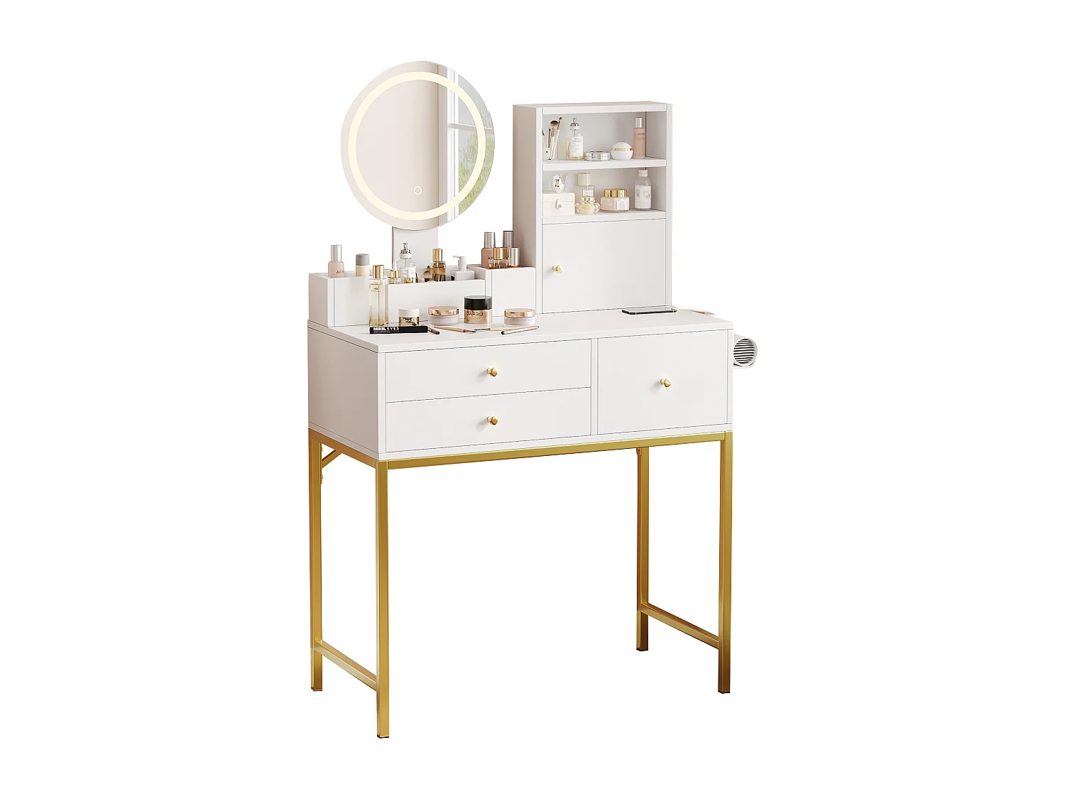 Toaletka z lustrem 134×40×80cm - z regulowanym oświetleniem LED - z 3 szufladami i 1 drzwiami - z otwartymi półkami - Biały