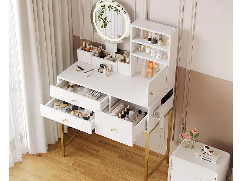 Penteadeira com espelho 134×40×80cm - com LED ajustável - com 3 gavetas e 1 porta - com prateleiras abertas - Branco