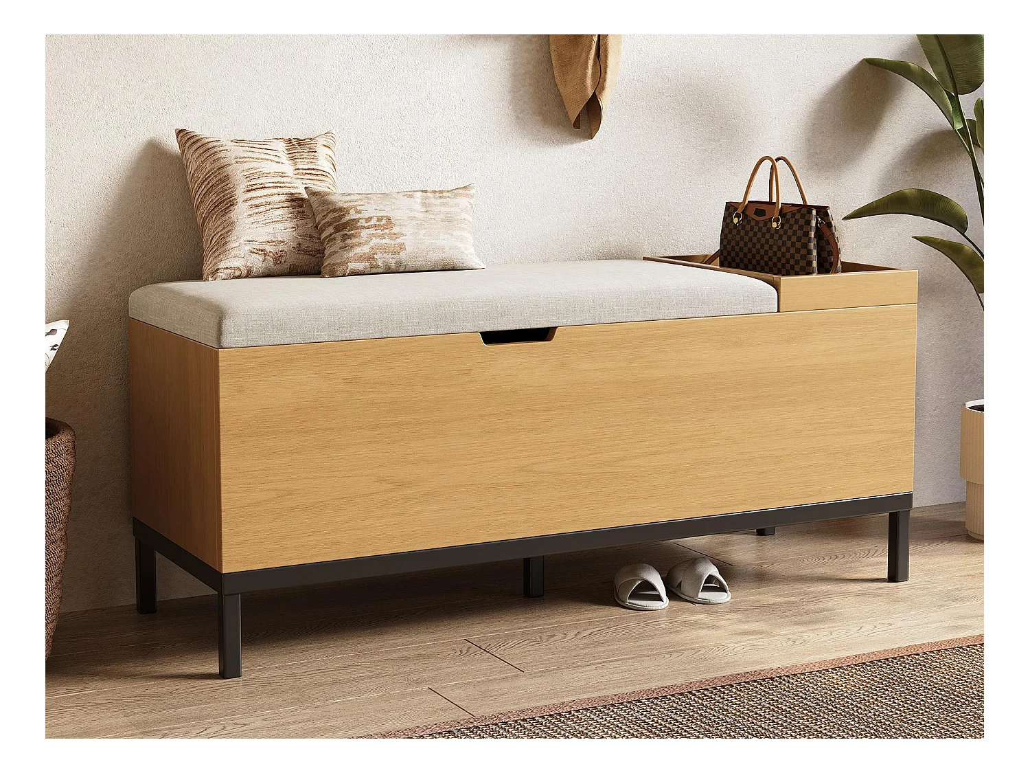 Banco com armazenamento 115x40x49.5cm - almofadas de linho - com prateleiras - MDF - Natural + Cinza