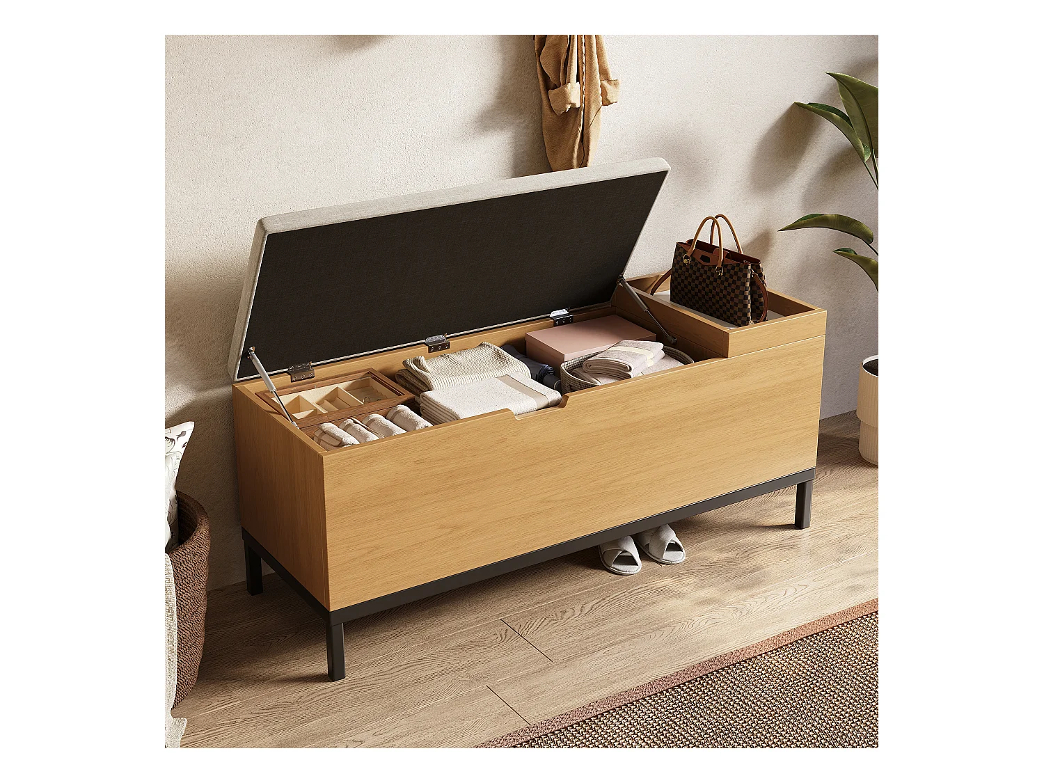 Banco com armazenamento 115x40x49.5cm - almofadas de linho - com prateleiras - MDF - Natural + Cinza