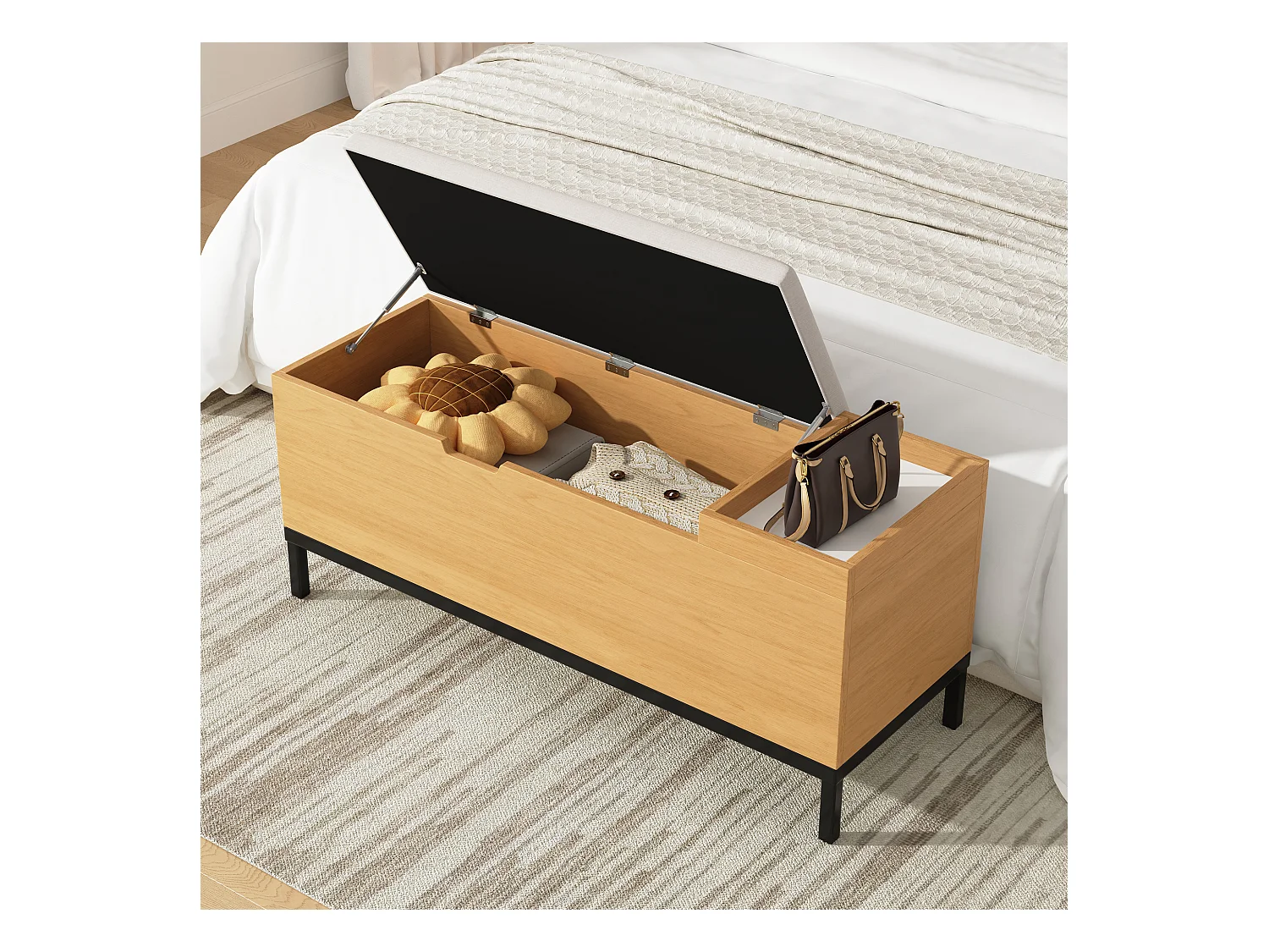 Banco com armazenamento 115x40x49.5cm - almofadas de linho - com prateleiras - MDF - Natural + Cinza