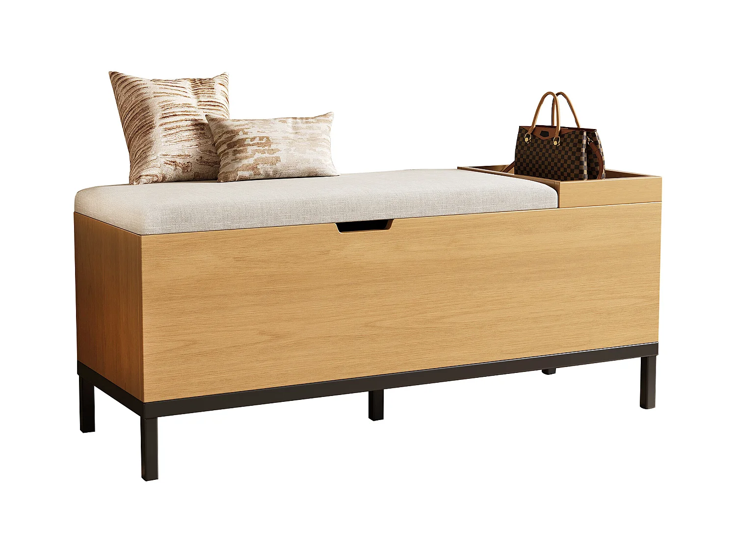 Banco com armazenamento 115x40x49.5cm - almofadas de linho - com prateleiras - MDF - Natural + Cinza