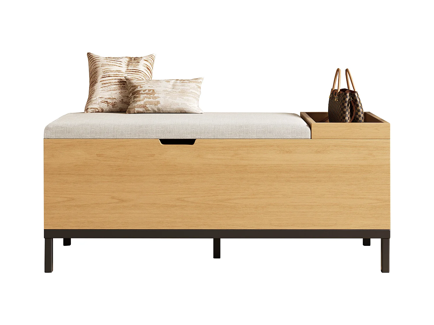 Banco com armazenamento 115x40x49.5cm - almofadas de linho - com prateleiras - MDF - Natural + Cinza