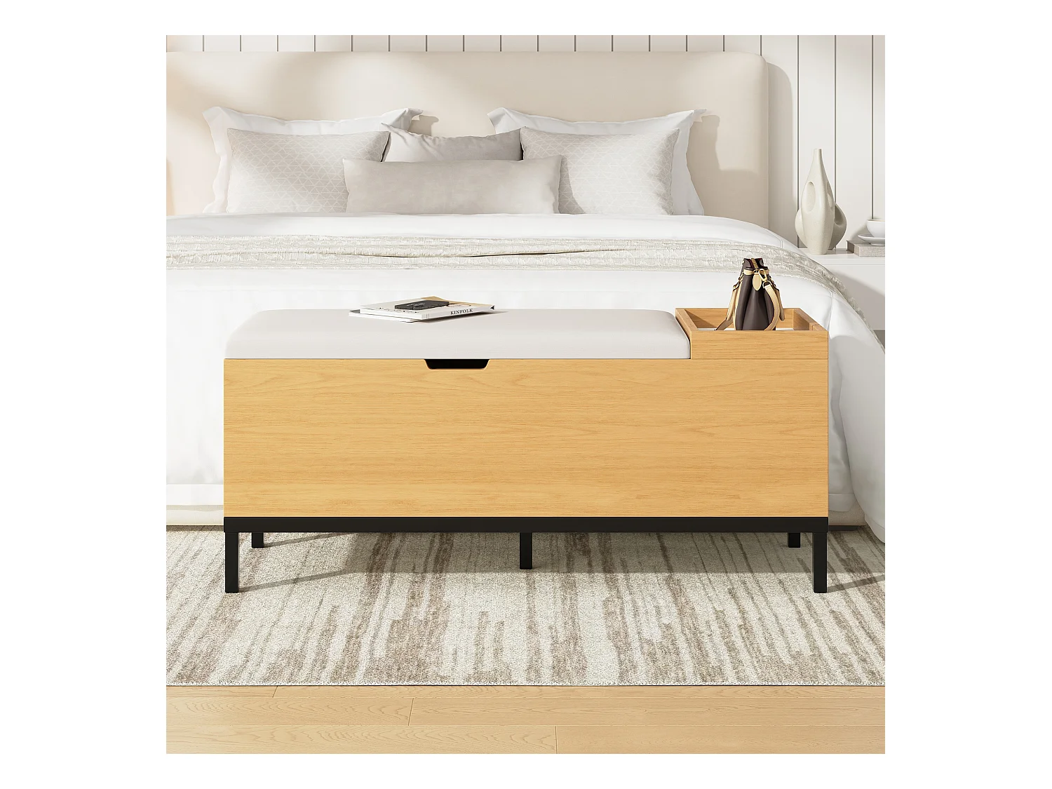 Siedzenie z przechowywaniem 115x40x49.5cm - poduszki z lnu - z półkami - MDF - Naturalny + Szary