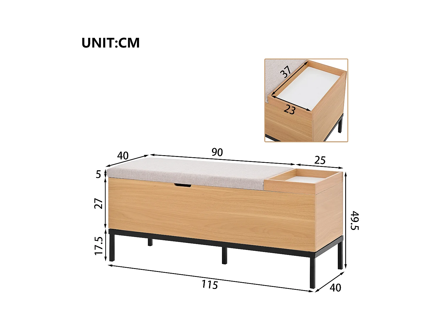 Siedzenie z przechowywaniem 115x40x49.5cm - poduszki z lnu - z półkami - MDF - Naturalny + Szary