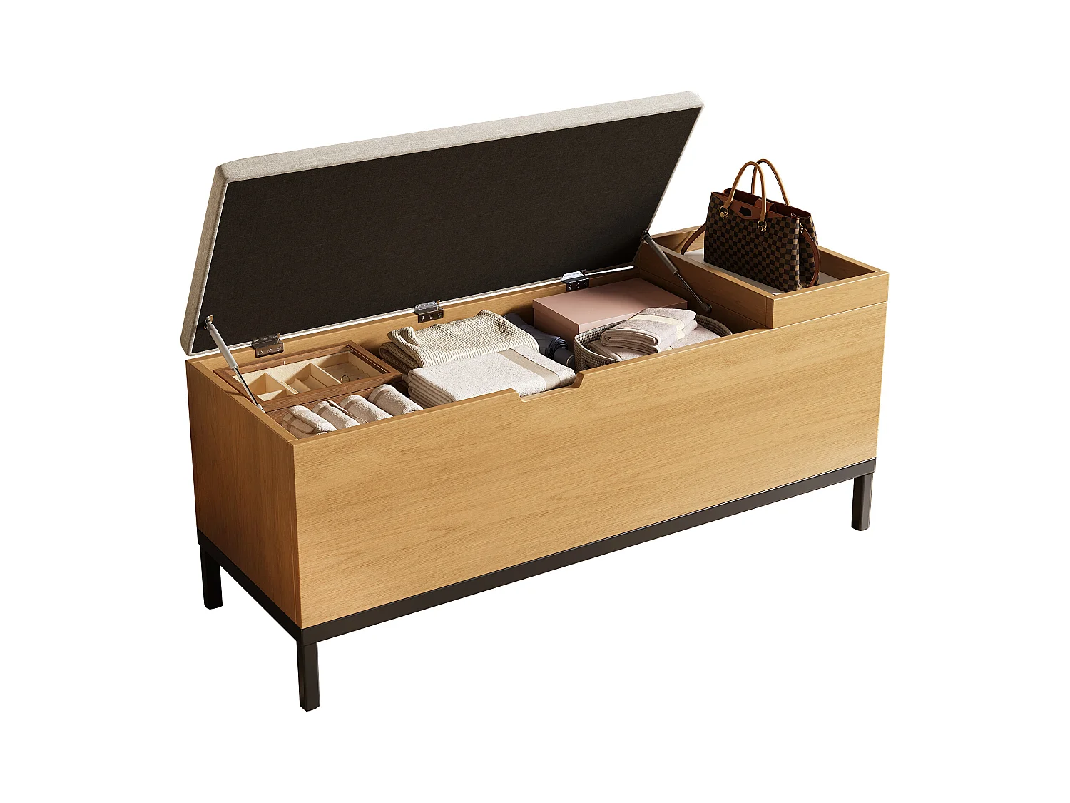 Siedzenie z przechowywaniem 115x40x49.5cm - poduszki z lnu - z półkami - MDF - Naturalny + Szary