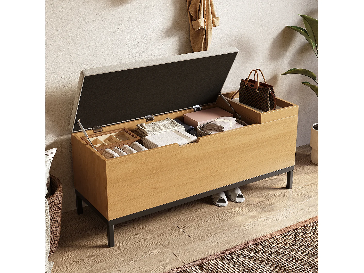 Aufbewahrungsbank 115x40x49.5cm - Leinenkissen - mit Regalbrettern - MDF - Natur + Grau