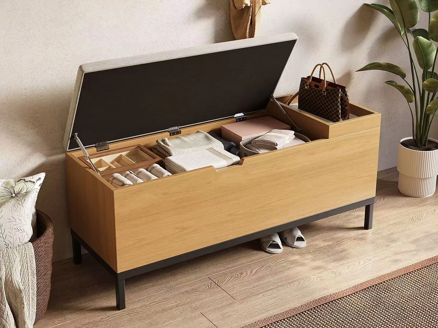 Banc de rangement 115x40x49.5cm - coussins en lin - avec étagères - MDF - Naturel + Gris