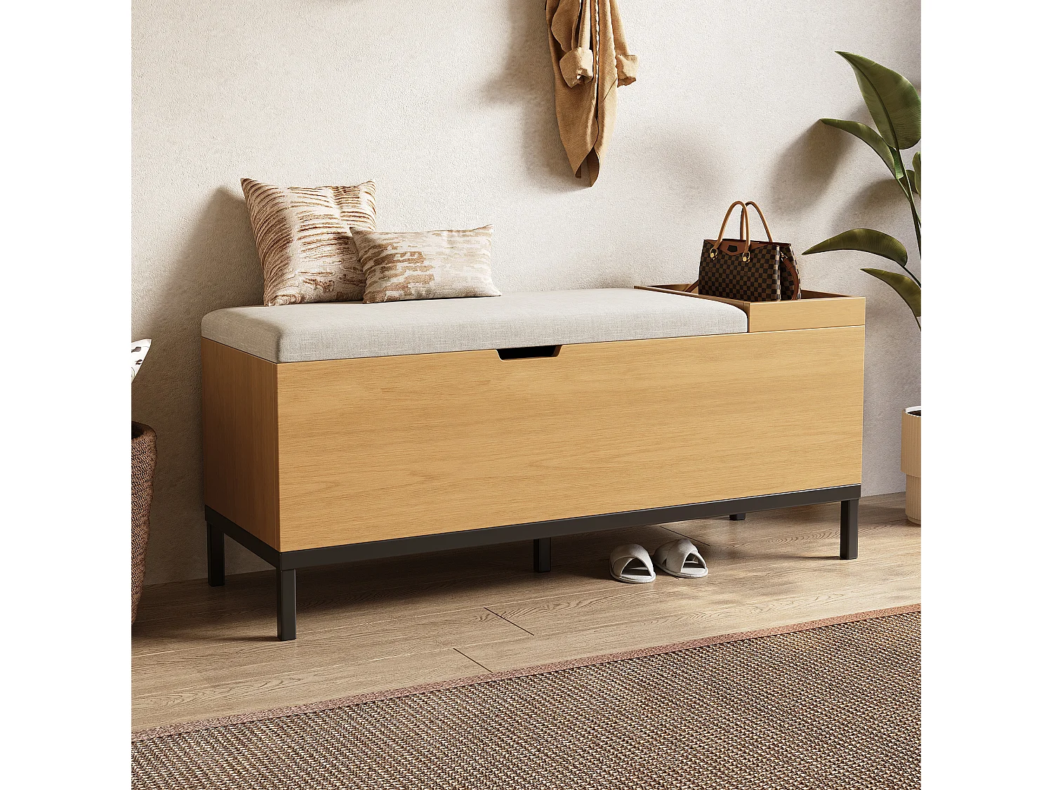 Banc de rangement 115x40x49.5cm - coussins en lin - avec étagères - MDF - Naturel + Gris