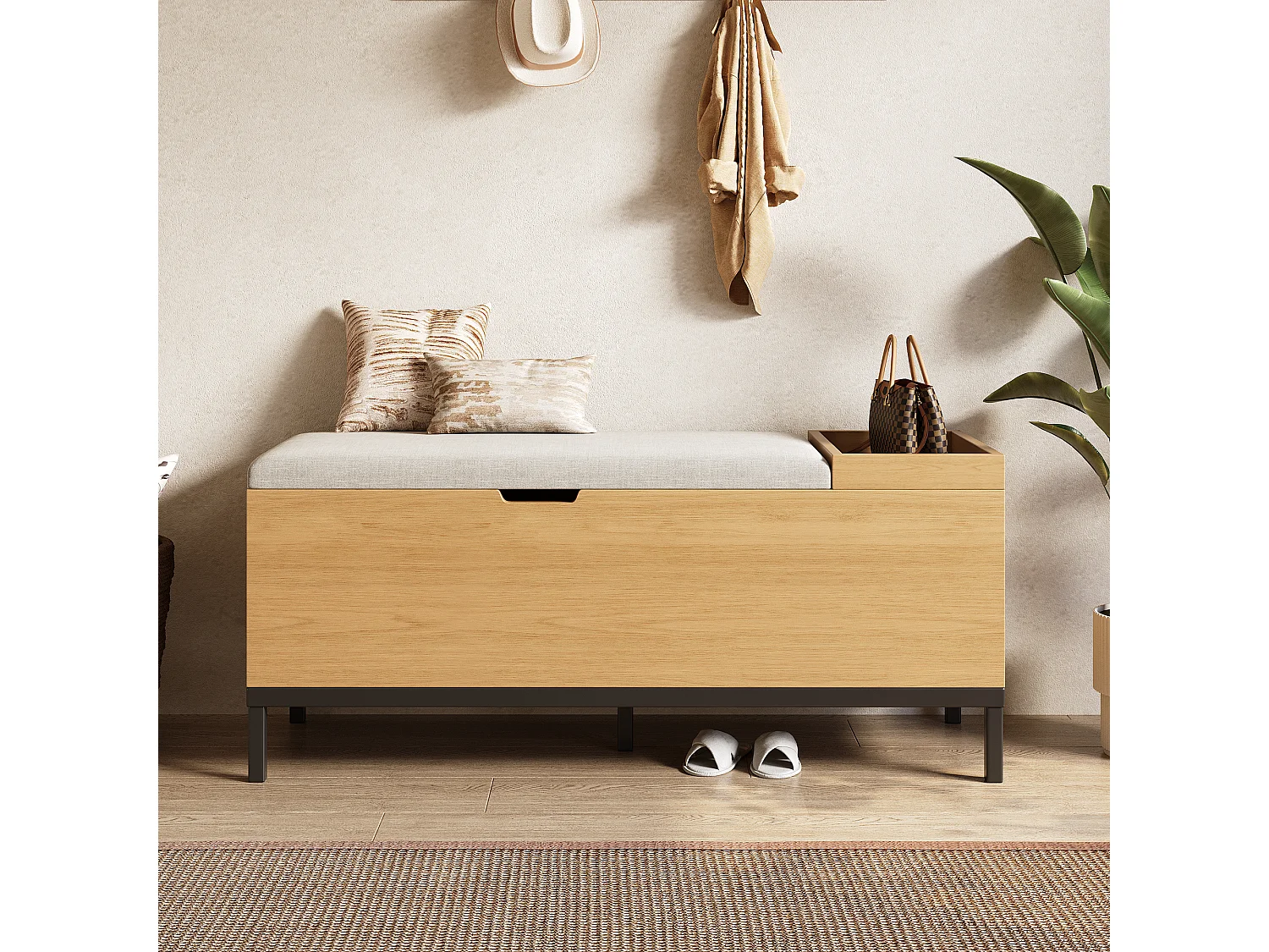 Banc de rangement 115x40x49.5cm - coussins en lin - avec étagères - MDF - Naturel + Gris