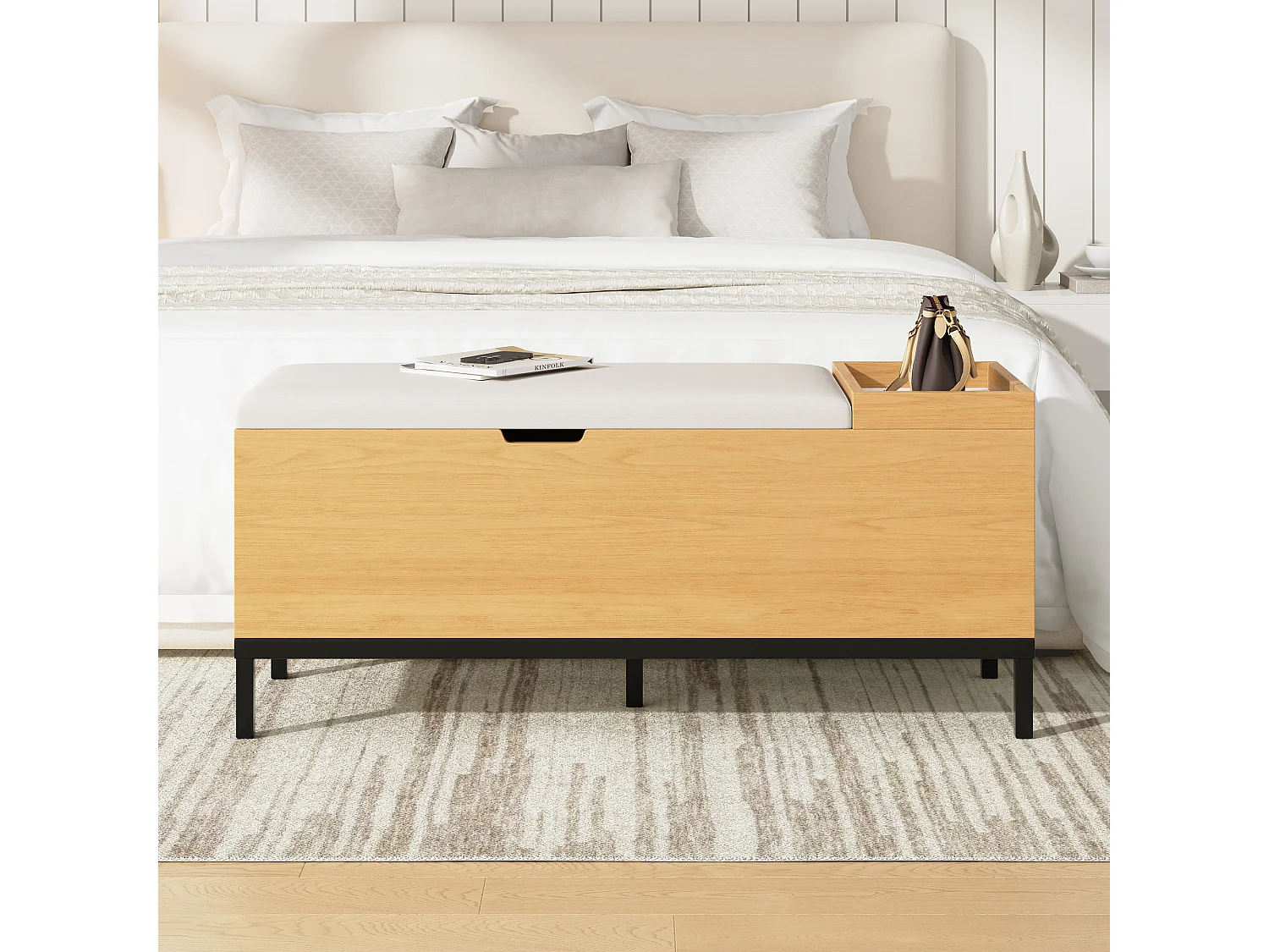 Banc de rangement 115x40x49.5cm - coussins en lin - avec étagères - MDF - Naturel + Gris