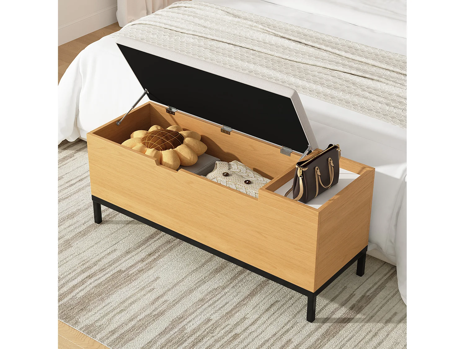Banc de rangement 115x40x49.5cm - coussins en lin - avec étagères - MDF - Naturel + Gris