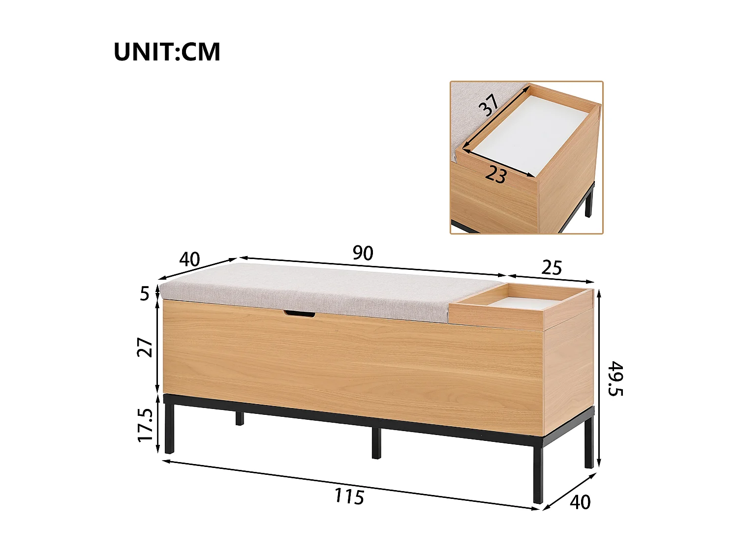 Banc de rangement 115x40x49.5cm - coussins en lin - avec étagères - MDF - Naturel + Gris
