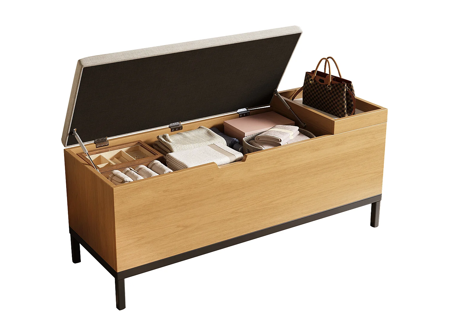 Banc de rangement 115x40x49.5cm - coussins en lin - avec étagères - MDF - Naturel + Gris
