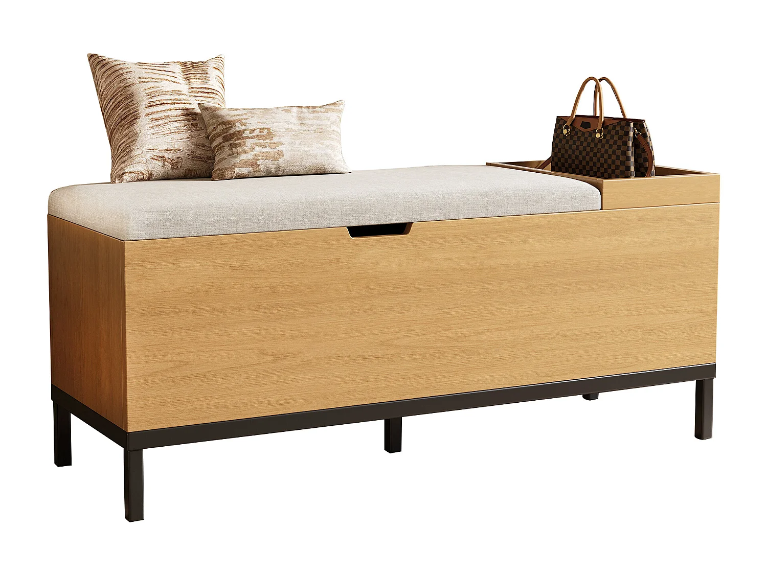 Banc de rangement 115x40x49.5cm - coussins en lin - avec étagères - MDF - Naturel + Gris