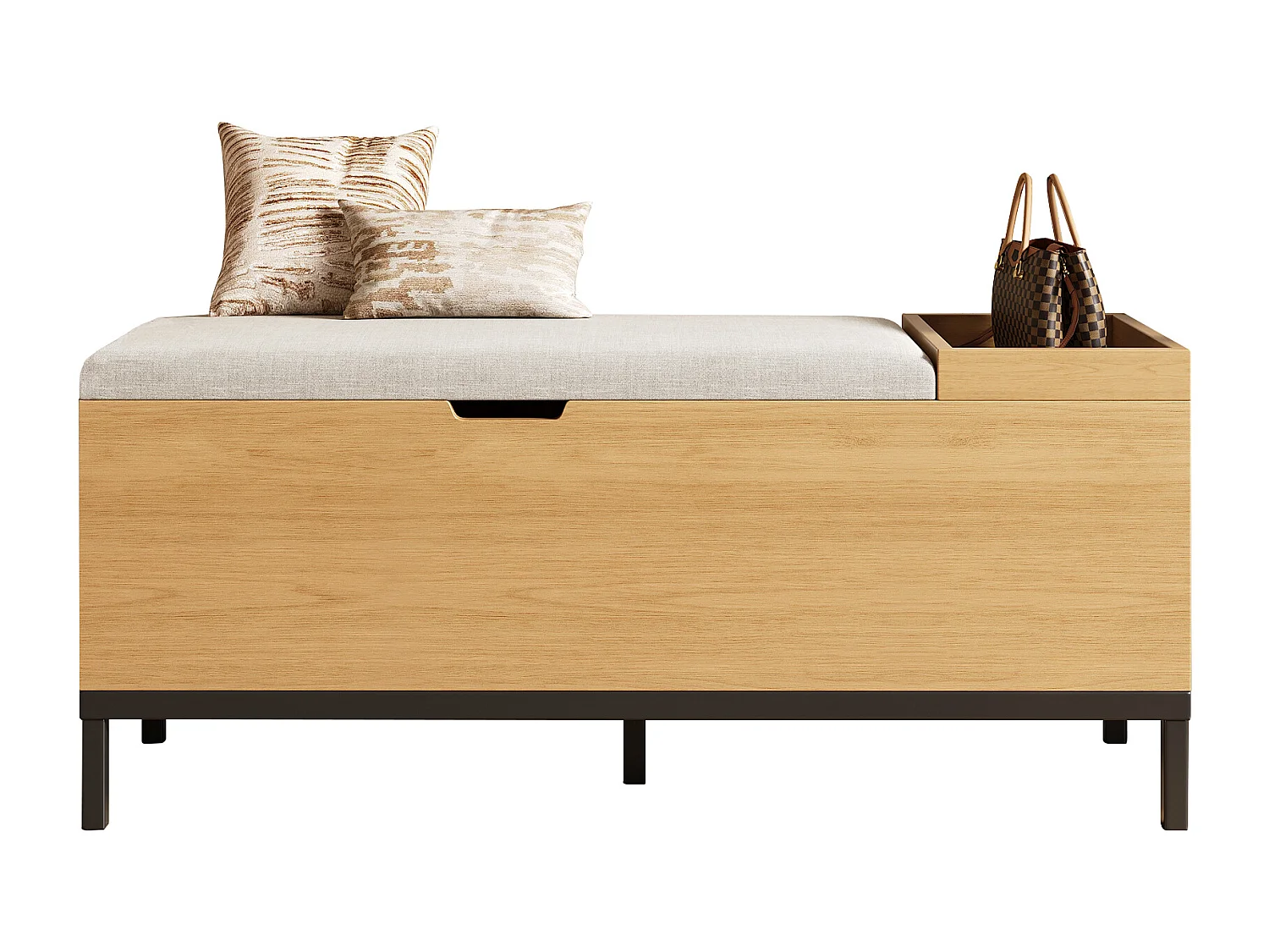 Banc de rangement 115x40x49.5cm - coussins en lin - avec étagères - MDF - Naturel + Gris